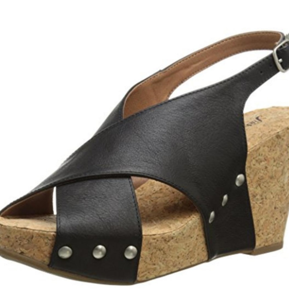 SOLD! Lucky Brand Wedges Cork & Black Leather